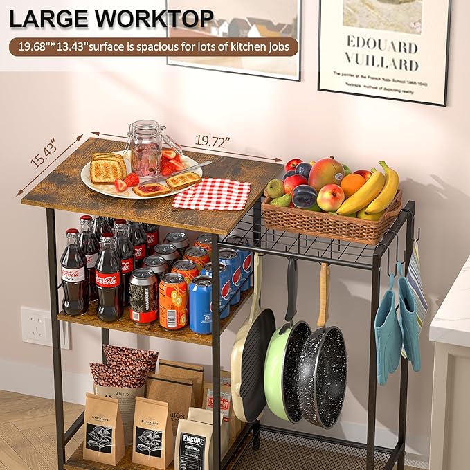 Kitchen Stand with Pots Rack, Utility Microwave Oven Stand with Storage, 5 Tiers Coffee Bar Table, Small Kitchen Bakers Rack with 6 S Hooks, Kitchen Storage Shelf Rack for Spices, Pots, Rustic Brown