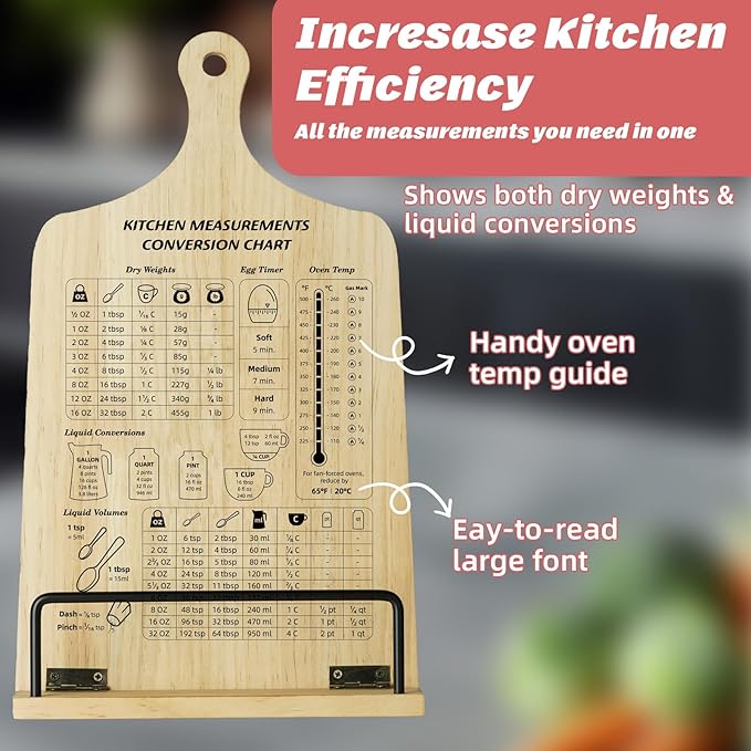 Kitchen Conversion Chart Cookbook Stand, Sturdy Wood Cook Book Holder, Recipe Cookbook Holder Stand with Kitchen Counters, Baking Christmas Gifts for Women, Accessiores for Holding Cookbooks