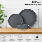 E-far Stoneware Dinnerware Sets for 4, 12-Piece Reactive Glaze Plates and Bowls Sets, Kitchen Ceramic Dishes Dinning Ware, Microwave & Dishwasher Safe, Deep Gray