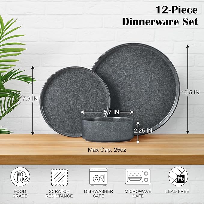 E-far Stoneware Dinnerware Sets for 4, 12-Piece Reactive Glaze Plates and Bowls Sets, Kitchen Ceramic Dishes Dinning Ware, Microwave & Dishwasher Safe, Deep Gray