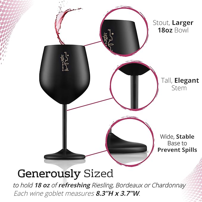 Gusto Nostro Stainless Steel Wine Glass - 18 oz - Unbreakable Black Wine Glasses for Travel, Camping and Pool - Fancy, Unique and Cool Portable Metal Wine Glass for Outdoor Events, Picnics (Set of 4)