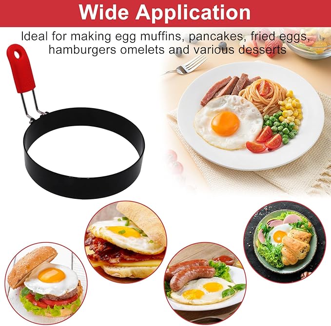 4 Inch Small Egg Rings for Frying Eggs with Foldable Handle, 2 Pack Stainless Steel Round Egg Shaper, Eggs Mcmuffin Ring Mold for Camping Pancake Sandwiches