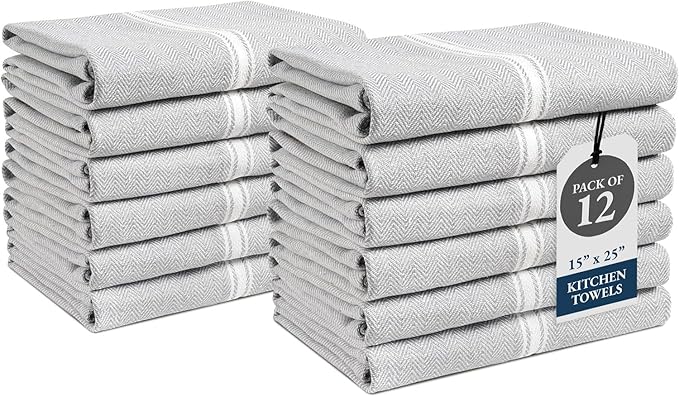 LANE LINEN Kitchen Towel Set, Pack of 12-14"x25" Tea Towels for Kitchen, Dish Drying Towels, Absorbent & Machine Washable, Soft & Durable, Reusable Cleaning Cloth for Glassware - Grey Chambray