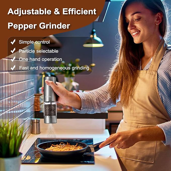 Electric Salt and Pepper Grinder Set 6 Levels Adjustable Coarseness Refillable Stainless Steel Auto Salt and Pepper Grinder Mill Usb Rechargeable with Lights