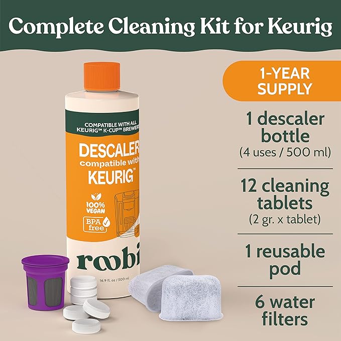 Keurig Compatible Descaling Solution & Cleaning Kit. Includes 1 Bottle of Keurig Descaler, 12 Cleaning Tablets, 1 Reusable Pod and 6 Water Filters. Carbon Neutral. 1 Year Supply.