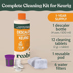 Keurig Compatible Descaling Solution & Cleaning Kit. Includes 1 Bottle of Keurig Descaler, 12 Cleaning Tablets, 1 Reusable Pod and 6 Water Filters. Carbon Neutral. 1 Year Supply.