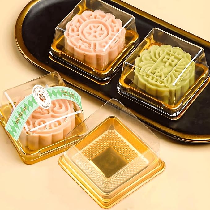 BenRan 100 Set 3.5 Inch Moon Cake Box Clear Plastic Mini Cake Cupcake Small Muffins Boxes Cake Pans with Lids Gift Dessert Containers Bonus 100 Pcs Cakes Stickers