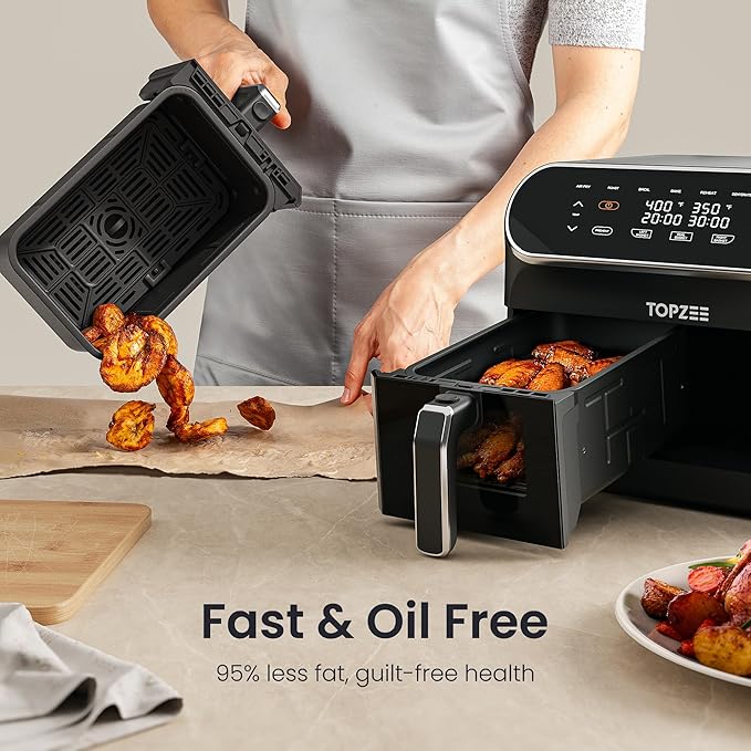 8 Quart Large Air Fryer - Dual Basket Airfryer with Easy View Windows, Preheat, Air Fry, Roast, Broil, Bake, Dehydrate, 2 Independent 4 QT Nonstick Dishwasher Safe Baskets, Black