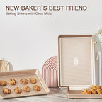 HONGBAKE Baking Sheet Pan Set of 3, Cookie Sheets for Oven, Nonstick Half/Quarter/Jelly Roll Pans with Diamond Texture Pattern, 0.8mm Thick Heavy Duty Cookie Tray, Champagne Gold