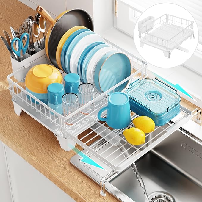 GSlife Extendable Dish Drying Rack - Large 2-in-1 Dish Racks for Kitchen Counter and Over Sink, Anti-Rust Dish Drainer with Drainboard, 2 Pan Slots and Utensil Holder, White