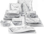 MALACASA Square Dinnerware Sets, 26-Piece Marble Grey Plates and Bowls Sets, Porcelain Dinner Set Microwave Safe, Kitchen Dinnerware Plates Set, Dishes and Bowls, Dish Set for 6, Series Flora
