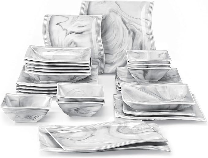 MALACASA Square Dinnerware Sets, 26-Piece Marble Grey Plates and Bowls Sets, Porcelain Dinner Set Microwave Safe, Kitchen Dinnerware Plates Set, Dishes and Bowls, Dish Set for 6, Series Flora