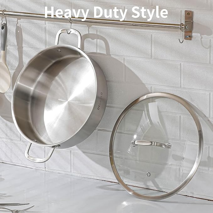 DELARLO 5.5QT Tri-Ply Stainless Steel Saute Pan With Lid, 12.3inch Braiser Pans, Large Frying pan,18/10 Induction Skillet with Glass Lids, Efficent Fast pan for Boiling, Braising, Stewing, Sautéing