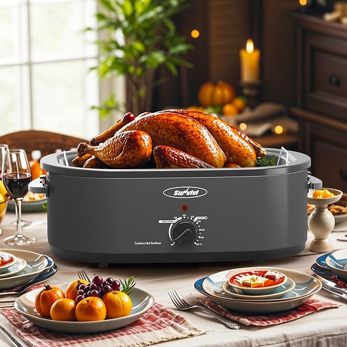 Sunvivi 18-Quart Roaster Oven with Self-Basting Lid, Electric Turkey Roaster Oven with Removable Pan and Rack, Stainless Steel, Grey