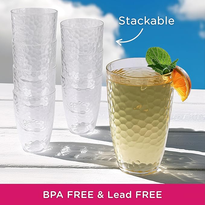 Kate Aspen Clear Hammered Acrylic Cups - Plastic Drinking Glasses Set of 8, 23 oz, Plastic Tumblers Dishwasher Safe, Shatterproof Cups Reusable for Water, Lemonade, Cocktails