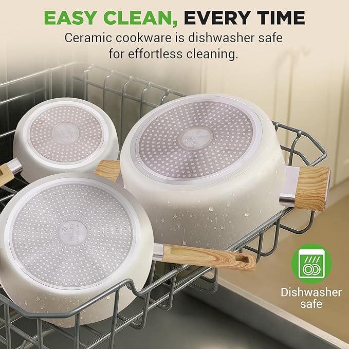 NutriChef 14-Piece pots and pans Set Ceramic Cookware Set - Induction Safe Pots and Pans with Glass Lids, Cool-Touch Handles, Dishwasher Safe, Includes Ladle, Tongs, Spatula, White