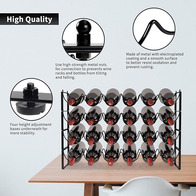 TONLEA 4-Tier Wine Rack - 3-in-1, Stackable, 24-Bottle Wine Storage Rack for Cabinet or Pantry (Dark Black, Version 3.0)