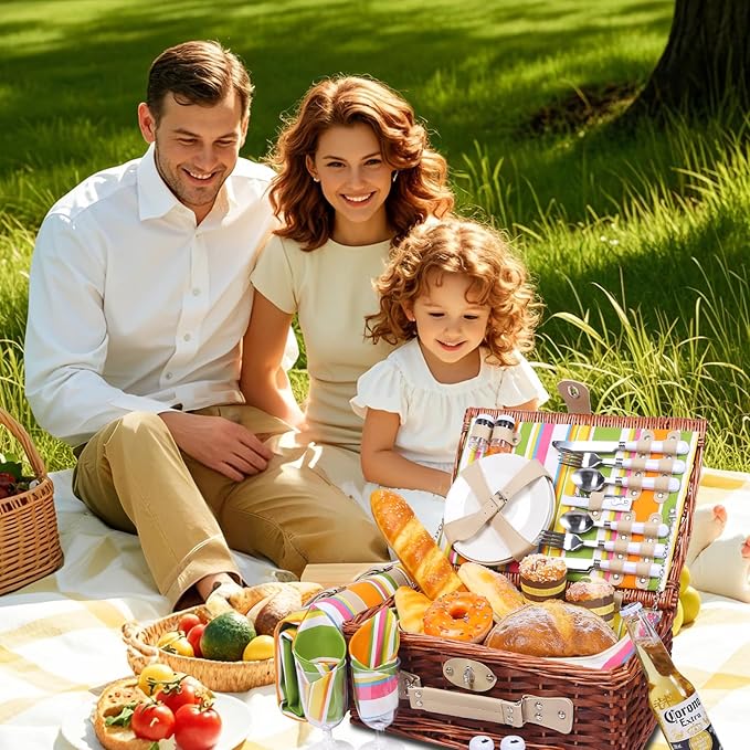 Picnic Basket Set for 4 with Waterproof Blanket Mat Insulation Bag Wicker Rainbow Stripe Cute Hawaiian Tropical Gift for Wedding Birthday Summer Camp Outdoor Camping Beach Travel Christmas