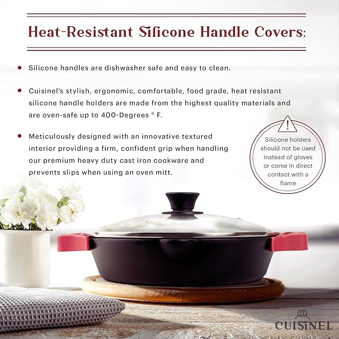 Cast Iron Skillet Set - 8"+10"+12"-Inch Dual Handle Frying Pans + Glass Lids + Silicone Handle Holder Covers - Pre-seasoned Oven Safe Cookware - Indoor/Outdoor Use - Grill, Stovetop, Induction Safe