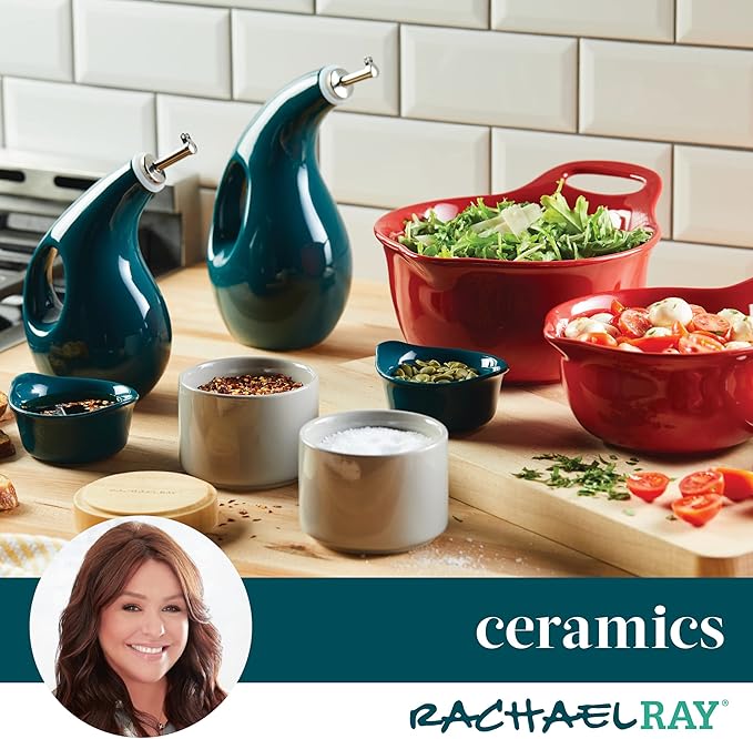 Rachael Ray Ceramics Nesting Mixing Bowl Set with Pour Spout, 1 Quart and 2 Quart, Teal