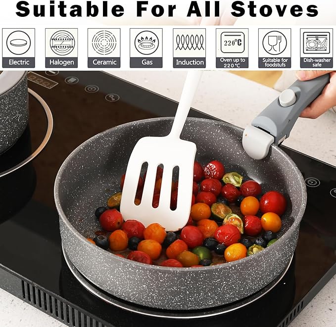 Gray Non Stick Pot and Pan Set with Removable Handle, Ceramic Cookware Set Detachable Handle, 5pcs Induction Kitchen Camping Stackable Pots Pans, Dishwasher/Oven Safe, PTFE/PFAS/PFOA Free