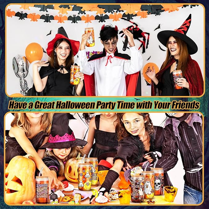 6 Pcs Halloween Glasses 16 oz Cute Ghost Flower Skull Cups with Bamboo Lid and Glass Straw Spooky Pumpkin Bat Can Shaped Mason Drinking Jars Iced Coffee Cups for Halloween Party Gift