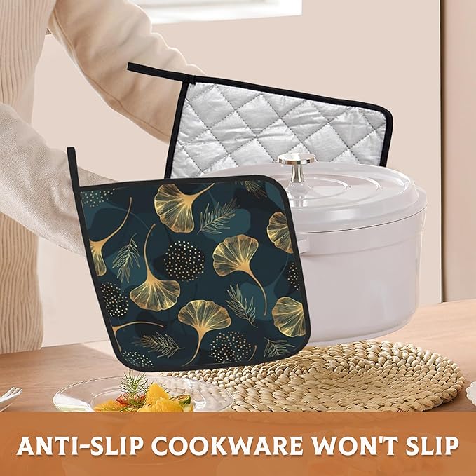Ginkgo Leaves Pot Holders Set of 2, Kitchen Heat Resistant Vintage Floral Potholder for Microwave Cooking Baking Oven End Dishes and BBQ
