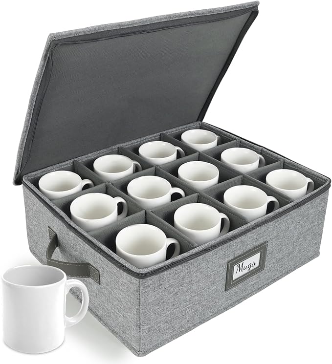HOMELUX THEORY Coffee Mug Storage with Dividers, Light Gray Hard Shell China Storage Containers, Kitchen Storage Bins With Lids, Heavy Duty Moving Box for Packing Glassware, Stemware & Glassware