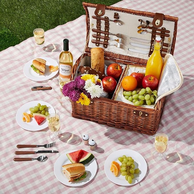 Juvale Picnic Basket for 4 People - 18.1 x 12.2 x 10.2 Inches, Brown, Classic - Complete Wicker Picnic Basket Set with Cooler Bag, Dishes, Utensils & Glasses