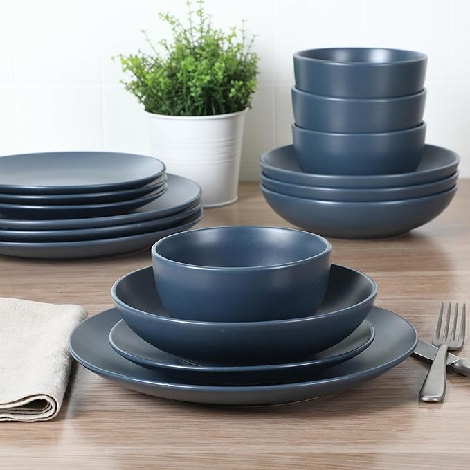 Gibson Home Queenslane 16-Piece Matte Blue Stoneware Dinnerware Set – Double Bowl Plates and Bowls, Durable Kitchen Dinner Set