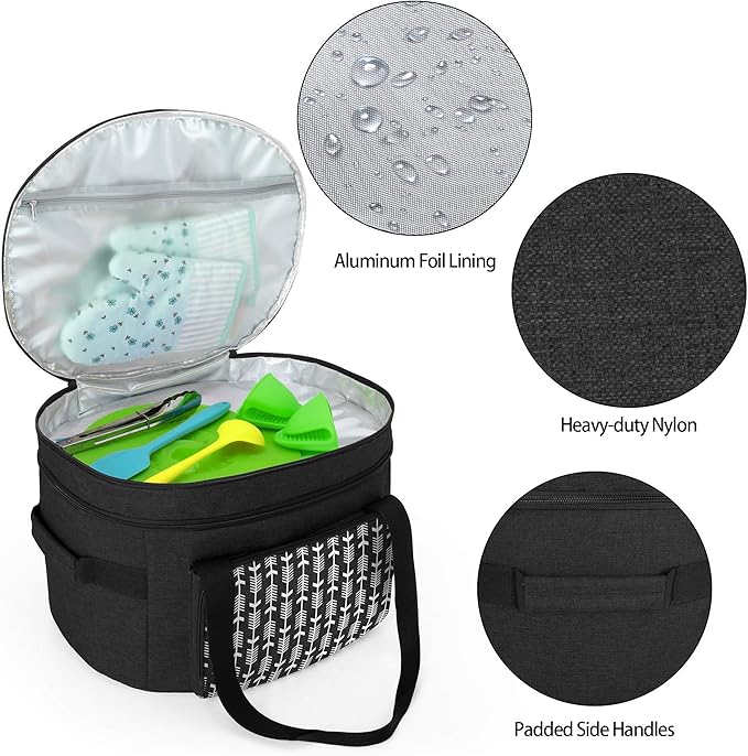 Yarwo 2025 Upgraded Slow Cooker Travel Bag with Bottom Board Compatible with Crock-Pot and Hamilton Beach 6 7 8 Quart, Double Layers Oval Slow Cooker Carrier, Black with Arrow (Bag Only)
