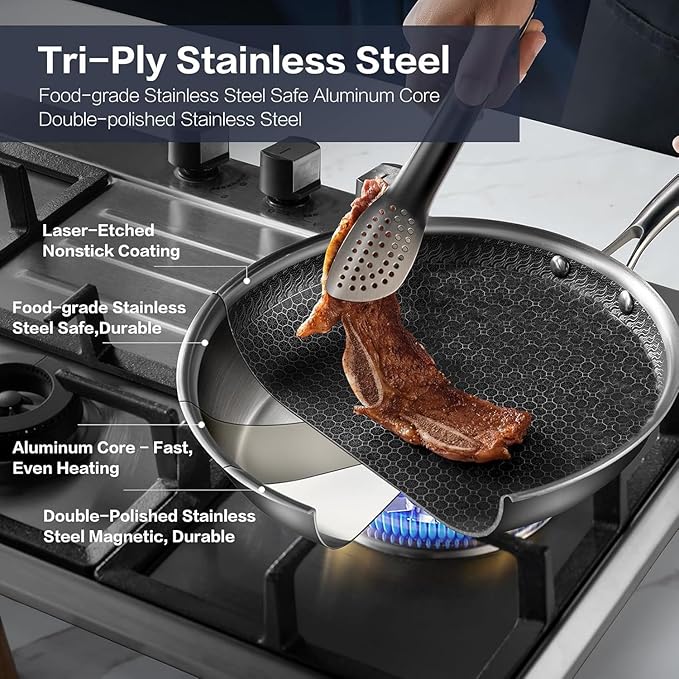 Non Stick Frying Set, 8, 10 and 12-Inch Hybrid Non Toxic Fry Pan Skillet with Lids, Dishwasher and Oven Safe, Induction Ready, Silver Kitchen Cookware set (7-Pcs Pan Set)