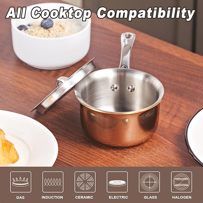Mini Sauce Pan with Lid, Tri-Ply Stainless Steel Pot with Stay-Cool Handle & All Cooktop Compatibility (Gas, Ceramic, Electric) - Copper
