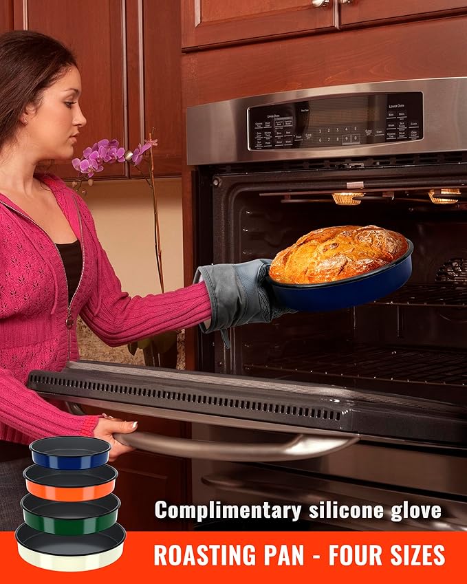 Round Baking Pan Set Roasting Dish 4-Pack 9/10/12/14 Inch Enamel Non Stick Large Cookware for Cake Bread Pie Pizza Turkey Steak, Non-Toxic Oven Dishwasher Safe, Christmas Gift Bakeware