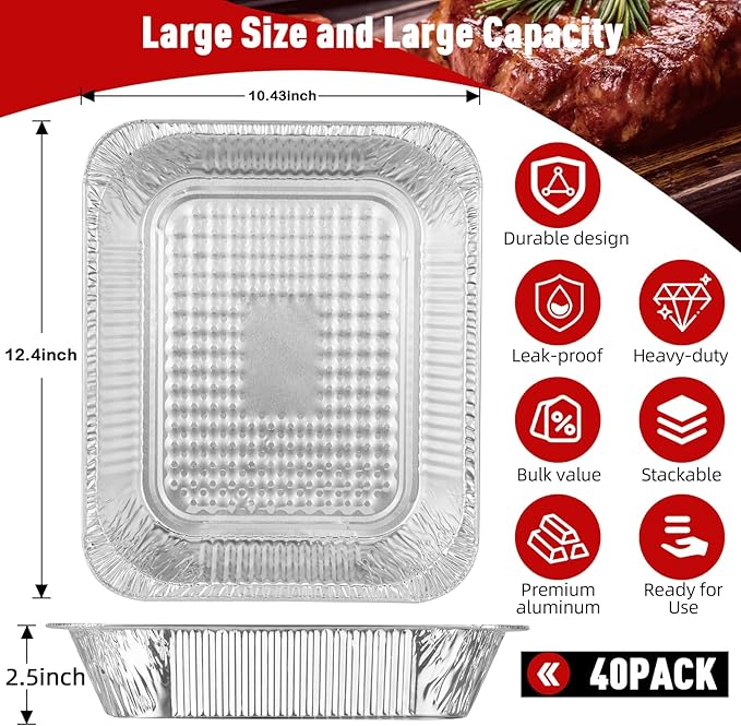 Aluminum Pans Half Size, 9x13, Heavy Duty Disposable Foil Pans for Baking, Roasting, Cooking, Heating, Storing, Deep Tin Foil Bakeware for Oven, Steam Table Tray, Cookware, Food Prepping (40 Pack)