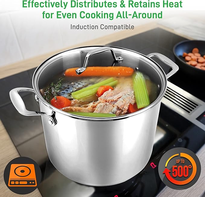 NutriChef 12-Quart Stainless Steel Stockpot – 18/8 Food Grade Heavy-Duty Induction-Compatible Pot with See-Through Lid, Ideal for Stews, Broths, Simmering & Soups, Dishwasher Safe – NCSP12