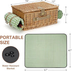 Picnic Basket for 2, Insulated Willow Picnic Baskets with Shoulder Strap, Picnic Hamper with Waterproof Picnic Blanket, Handmade Wicker Hamper for Outdoor Camping, Green Check