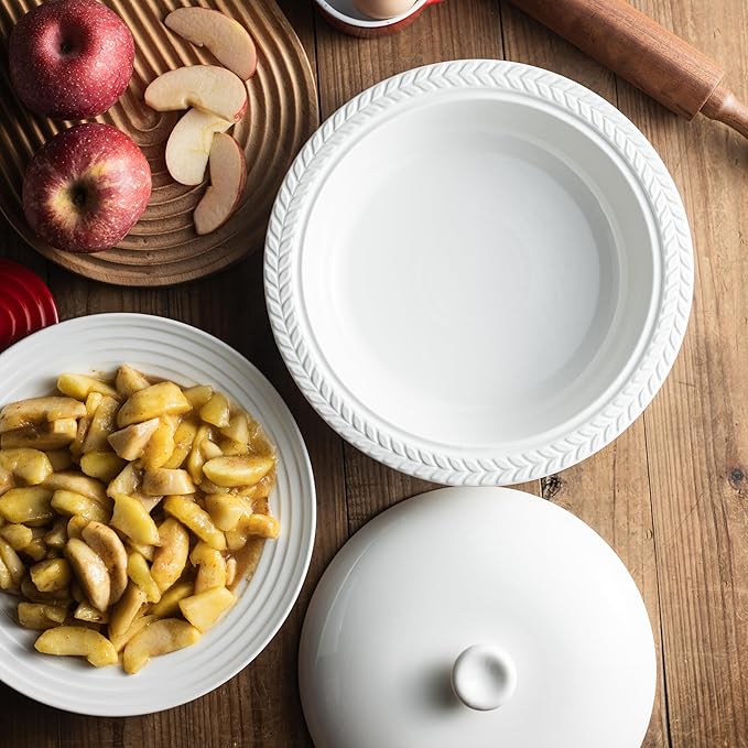 Deep Dish Pie Pan with Lid, 11 inch Ceramic Pie Dish, Round Baking Dish for Apple, Quiche, Pot Pies, Tart, etc, Microwave, Dishwasher, and Oven Safe