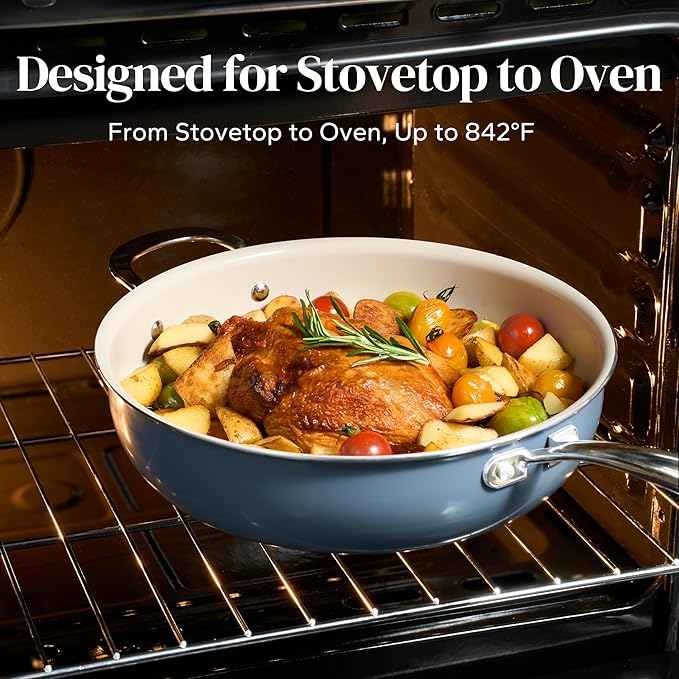 Redchef Ceramic Saute Pan with Lid, Nonstick Deep Frying Pan, 5QT Jumbo Cooker with Helper Handle & Lid, Non Toxic Ceramic Cooking Pan, Chef Pan, Dishwasher & Oven Safe, PFAS PFOA & PTFE Free（Blue）