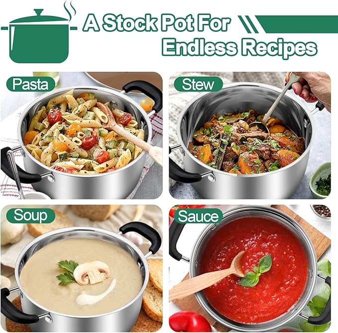 TeamFar Stock Pot 6 qt, Stainless Steel Stock Pasta Soup Pot with Lid, Double Bakelite Heat-Proof Handles & Tempered Glass Lid, Dishwasher Safe & Easy Cleanup, Non-Toxic & Healthy