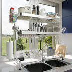 Over The Sink Dish Drying Rack,3 Tier Adjustable Length Full Stainless Steel Large Storage Kitchen Dish Rack,for Kitchen Counter Expandable Multifunctional Organizers,Silver (25.5'' to 37.6'')