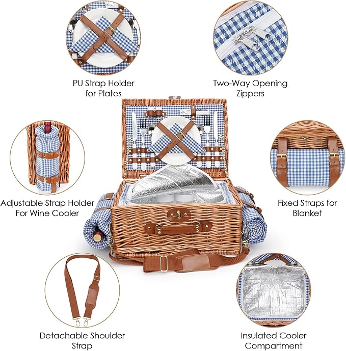 Picnic Baskets for 2, Picnic Basket with Waterproof Blanket, Picnic Basket Set with Washable Beach Mat & Large Insulated Cooler Compartment, Handmade Natural Wicker Hamper for Camping, Outdoor Party