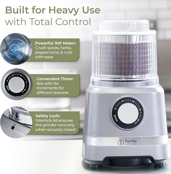 Commercial Electric Spice Grinder 750W - Heavy Duty Stainless Steel Herb Grain Coffee Grinder with Timer Pulse Mode - 2 Cups for Masalas Seeds Nuts Kitchen Use