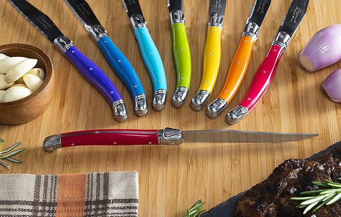 French Home Laguiole 8-Piece Steak Knife Set – Sophisticated Stainless Steel Dinner Knives with Rainbow Handles & Iconic Bee Emblem – Serrated Knives for Smooth Cutting (9.25")