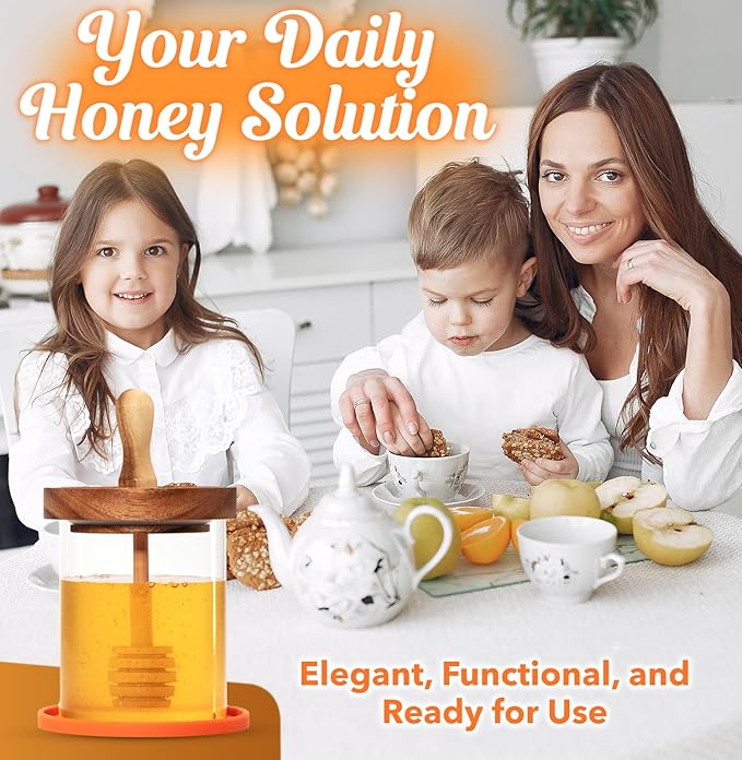12 oz Honey Jar Set with Airtight Wooden Lid, 2 Extra Dippers, Silicone Mat & Custom Gift Box | Glass Container Honey Pot for Honey & Syrup | Durable & Stylish Kitchenware