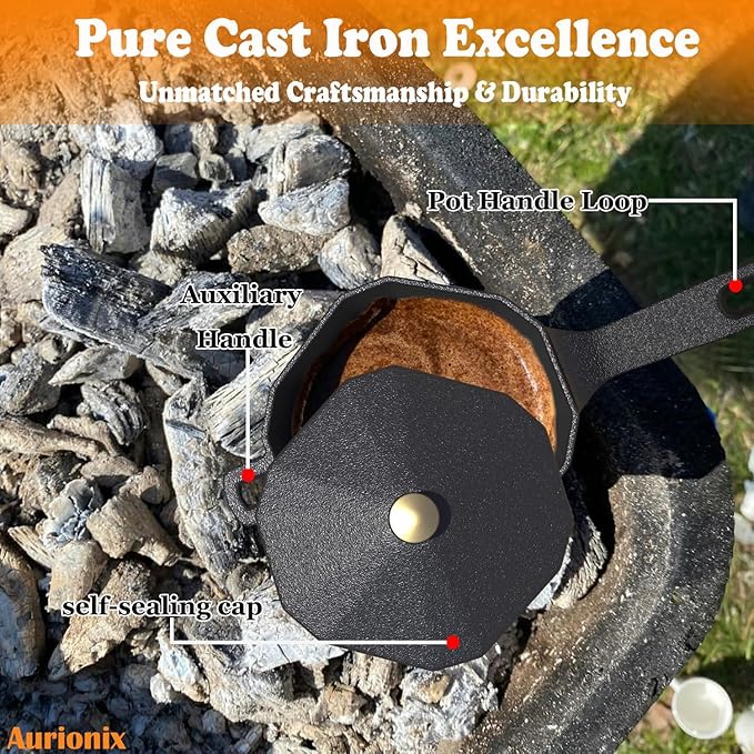 Cast Iron Sauce Pot with Lid,Premium Small Cast Iron Pan for Butter Melting, Basting and Grilling,Heavy Duty Butter Warmer, Camping Cookware,Includes Heat Resistant Gloves and Spice Brush