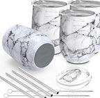 THILY Stainless Steel Stemless Wine Tumbler 4 Pack Vacuum Insulated Travel Wine Glasses Set with Sliding Lids and Straws, Keep Cold for Juice, Cocktails, Beer, Party, Christmas Gift, White Marble