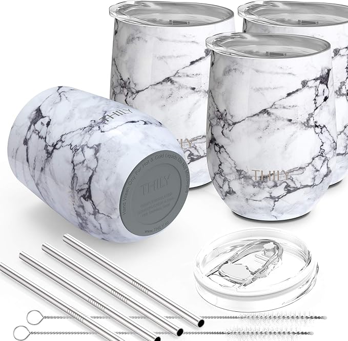 THILY Stainless Steel Stemless Wine Tumbler 4 Pack Vacuum Insulated Travel Wine Glasses Set with Sliding Lids and Straws, Keep Cold for Juice, Cocktails, Beer, Party, Christmas Gift, White Marble