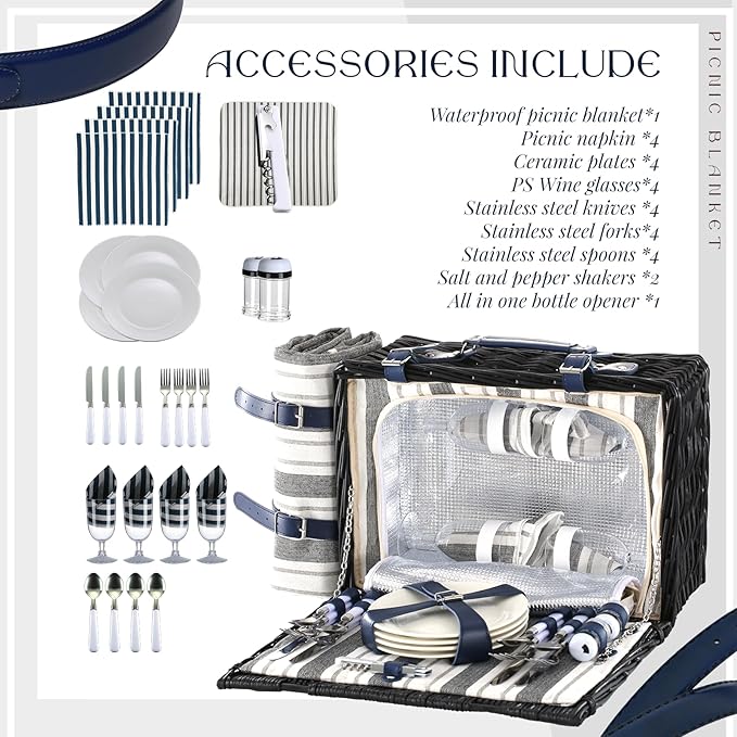 Picnic Basket Set for 4 with Waterproof Blanket Mat Insulation Bag Wicker Classic Navy Blue Black Stripe Gift for Wedding Birthday Summer Camp Outdoor Camping Travel Christmas Thanksgiving