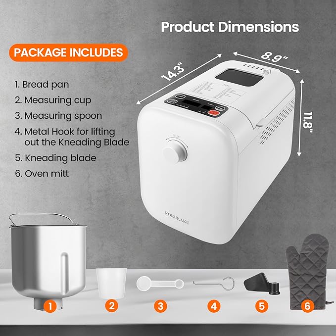 22-In-1 Compact Automatic Bread Maker Machine, 1LB/1.5LB Programmable 2 Loaf Sizes, 3 Crust Colors, Small Digital Home Bakery with Dough, Cake, Jam, Yogurt, Non-stick Pan, White